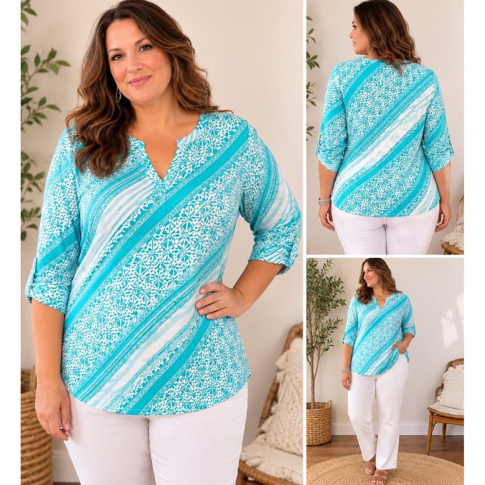 Roaman's Tunic Blouse Women 24W Turquoise Geometric Boho Coastal